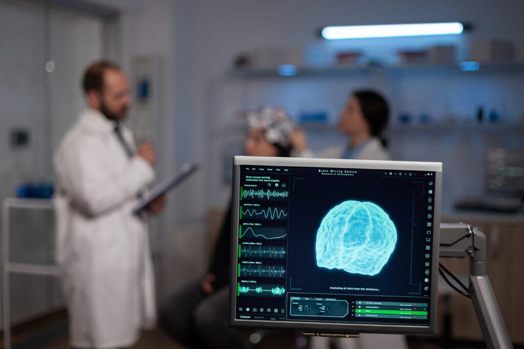 neuroscience doctor holding clipboard showing treatment against brain disease patient with eeg headset woman sitting neurological scientific laboratory treating nervous system dysfunctions